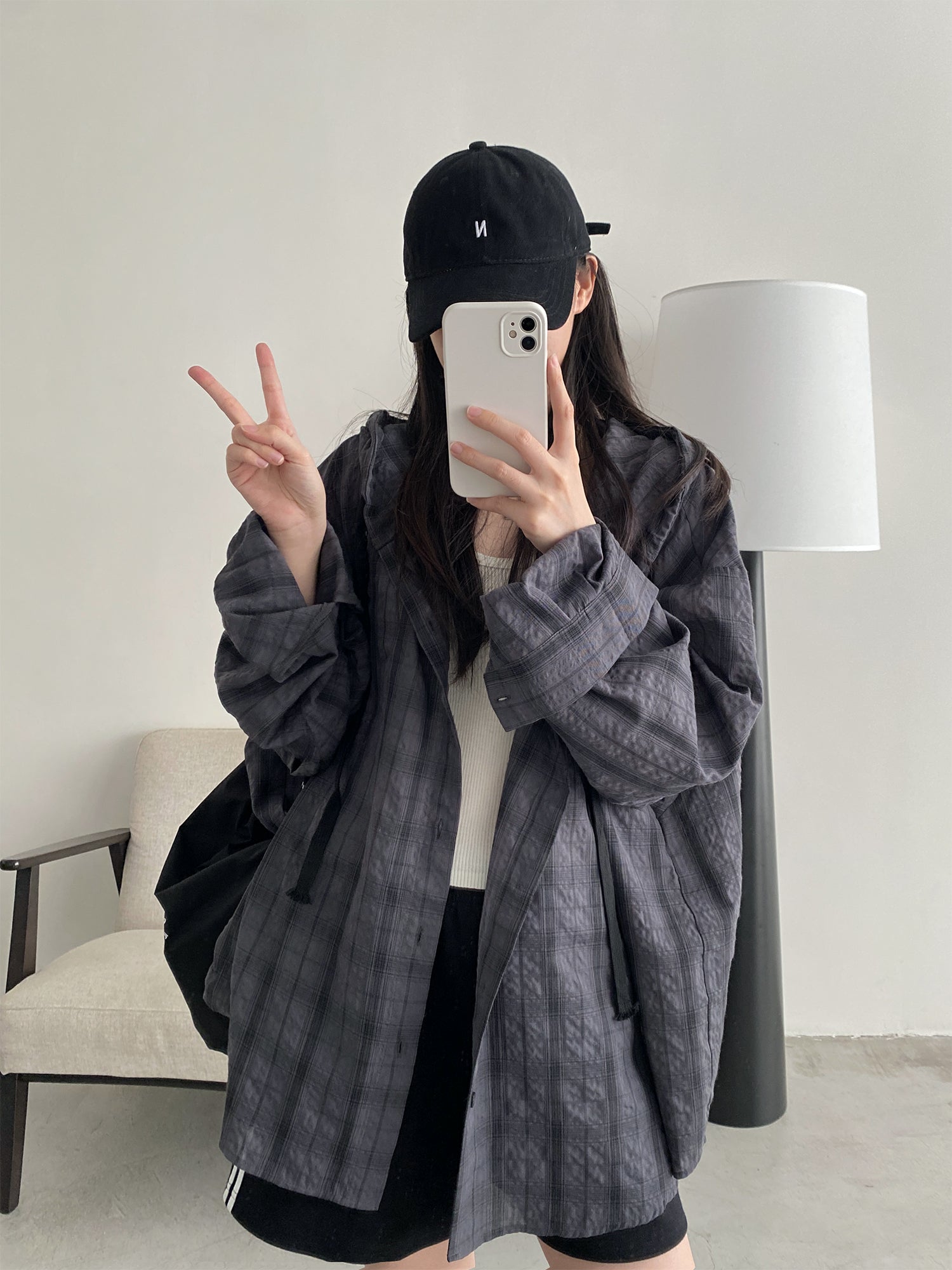 フード付きロングチェックシャツ N604