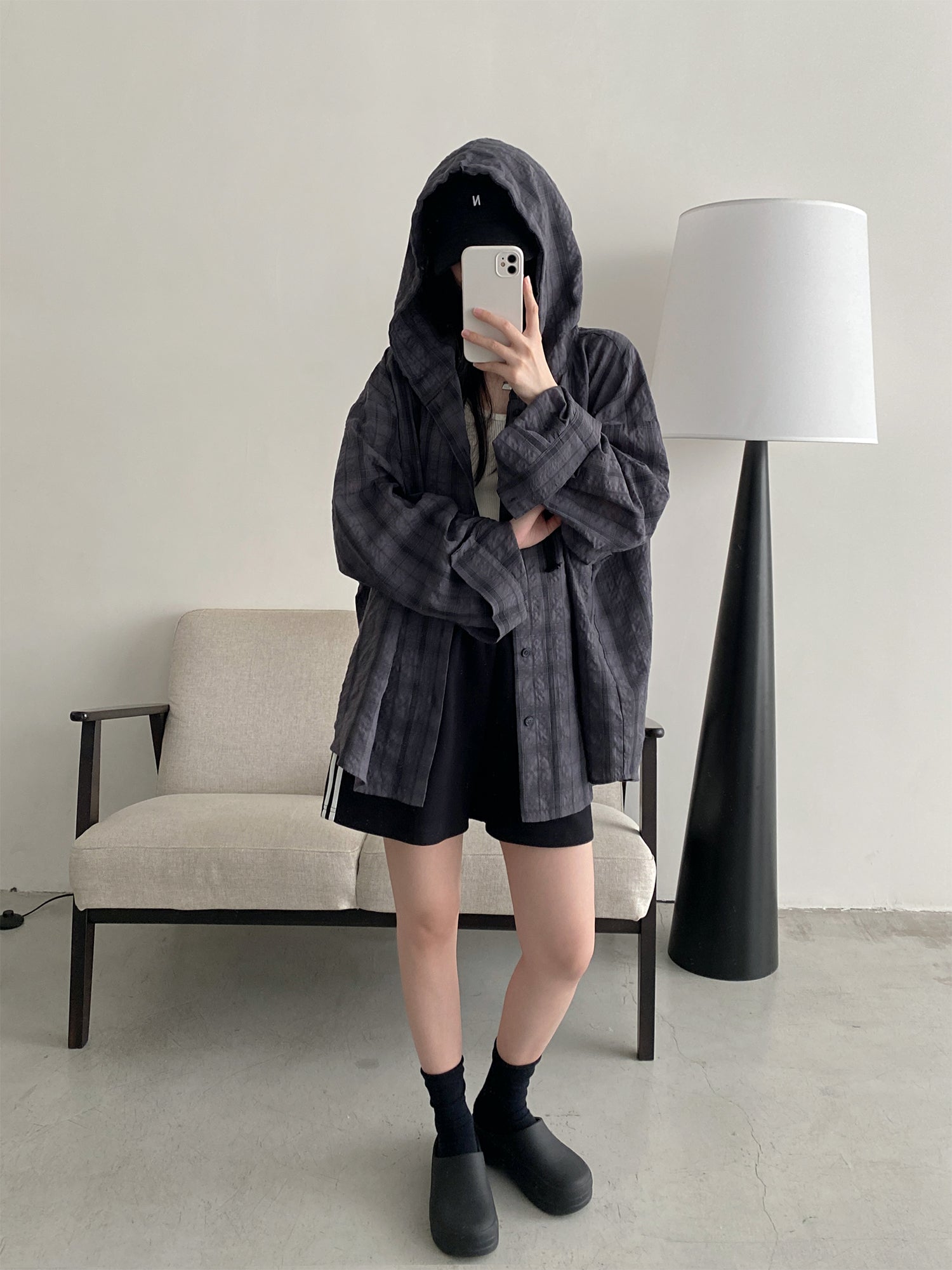 フード付きロングチェックシャツ    N604