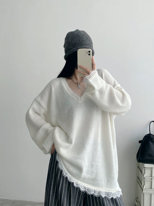 レーストリムVネックふわモヘアニット    N863