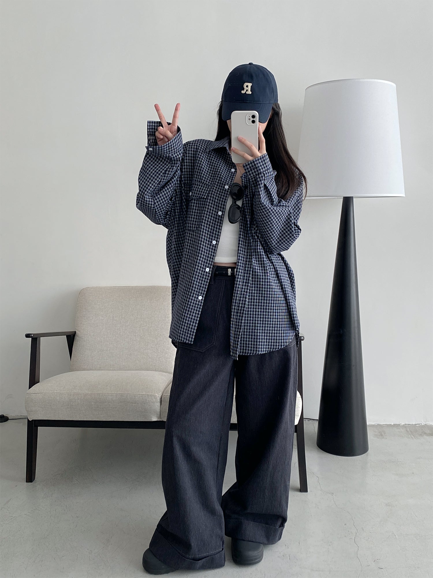 ネイビー チェック柄 長袖シャツ zy-00074z.jpg