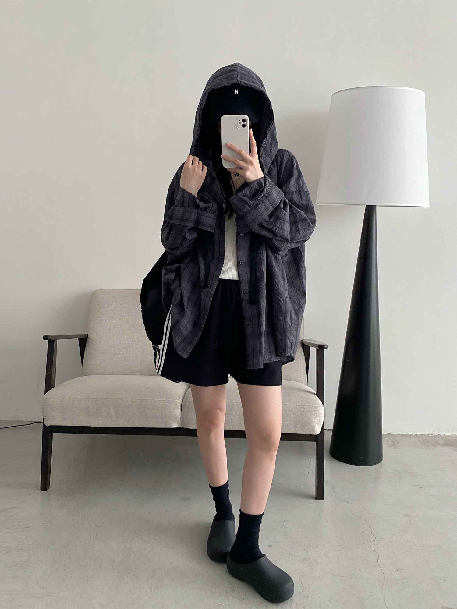 フード付きロングチェックシャツ    N604