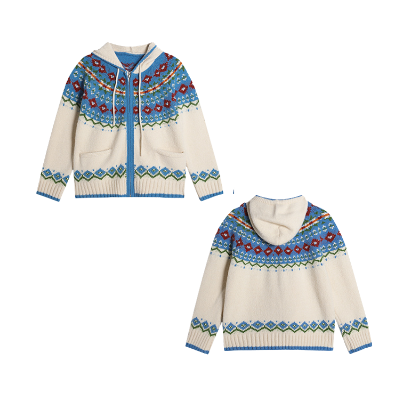 フェアアイル柄フーディオーバーニットカーデ　KIY-001