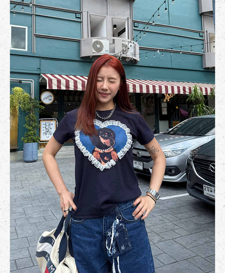 レースハート ダックスフンドTシャツ   N502