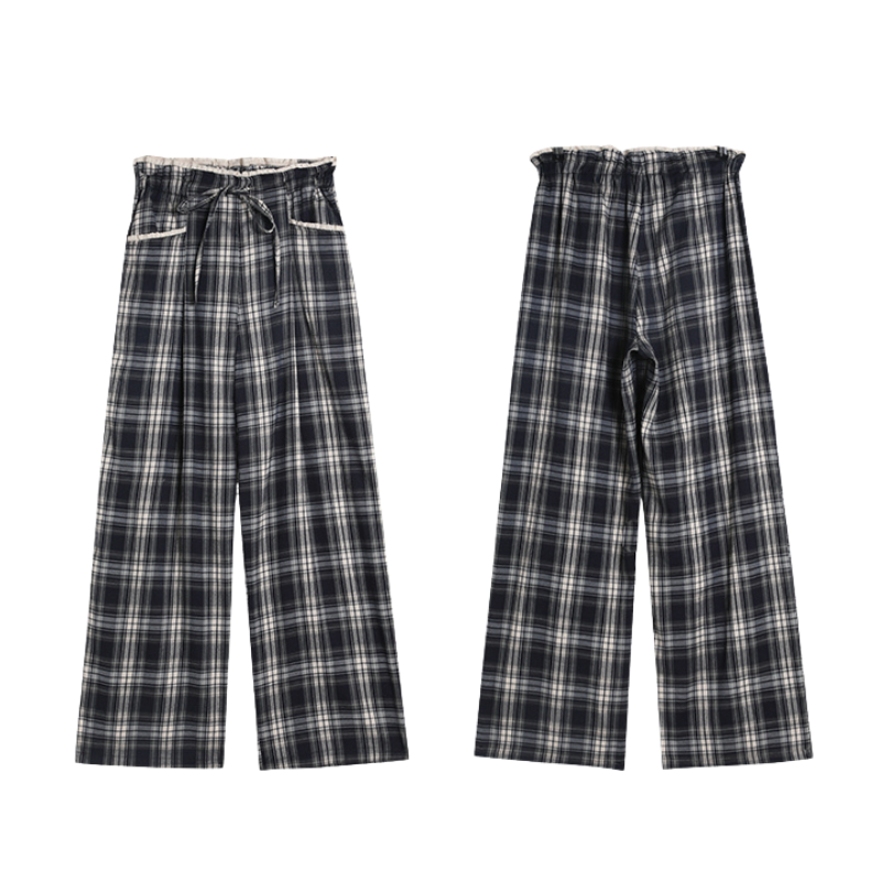 グレーブルーチェックワイドドロストストレートパンツ　KIY-002