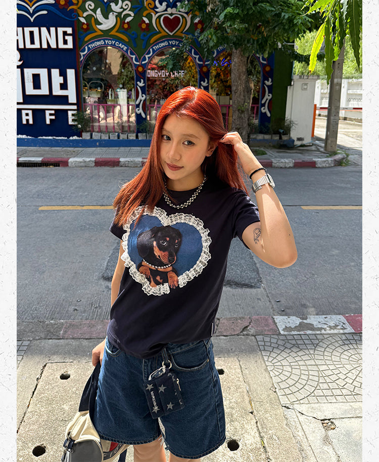レースハート ダックスフンドTシャツ   N502