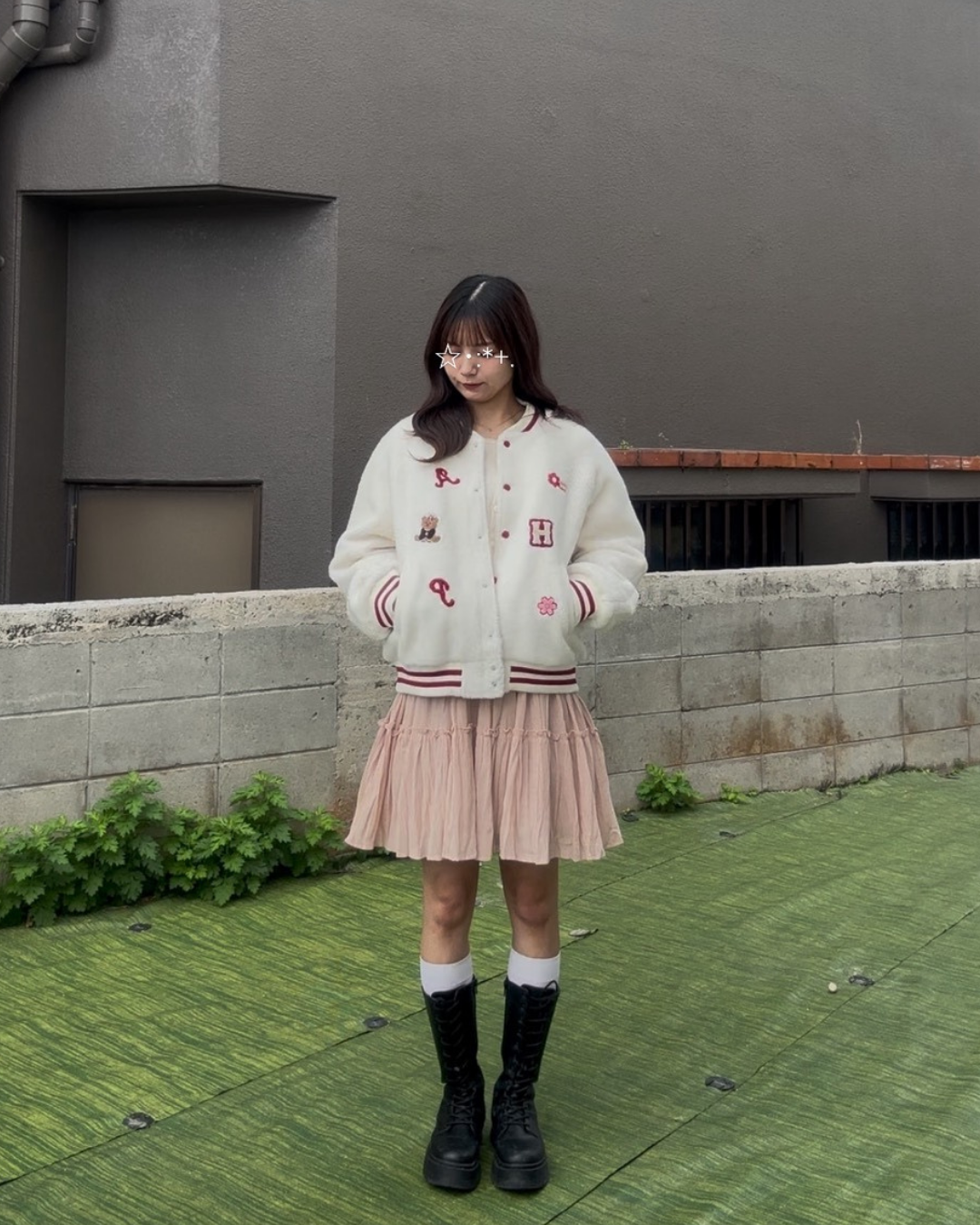 ボア中綿スタジャン風ストライプリブブルゾン　KIY-003