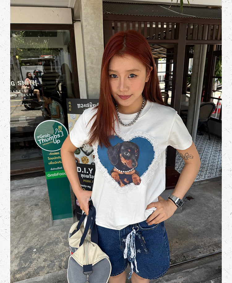 レースハート ダックスフンドTシャツ   N502