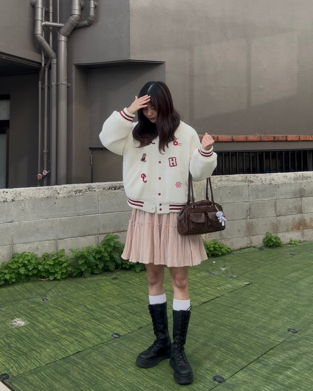 ボア中綿スタジャン風ストライプリブブルゾン　KIY-003