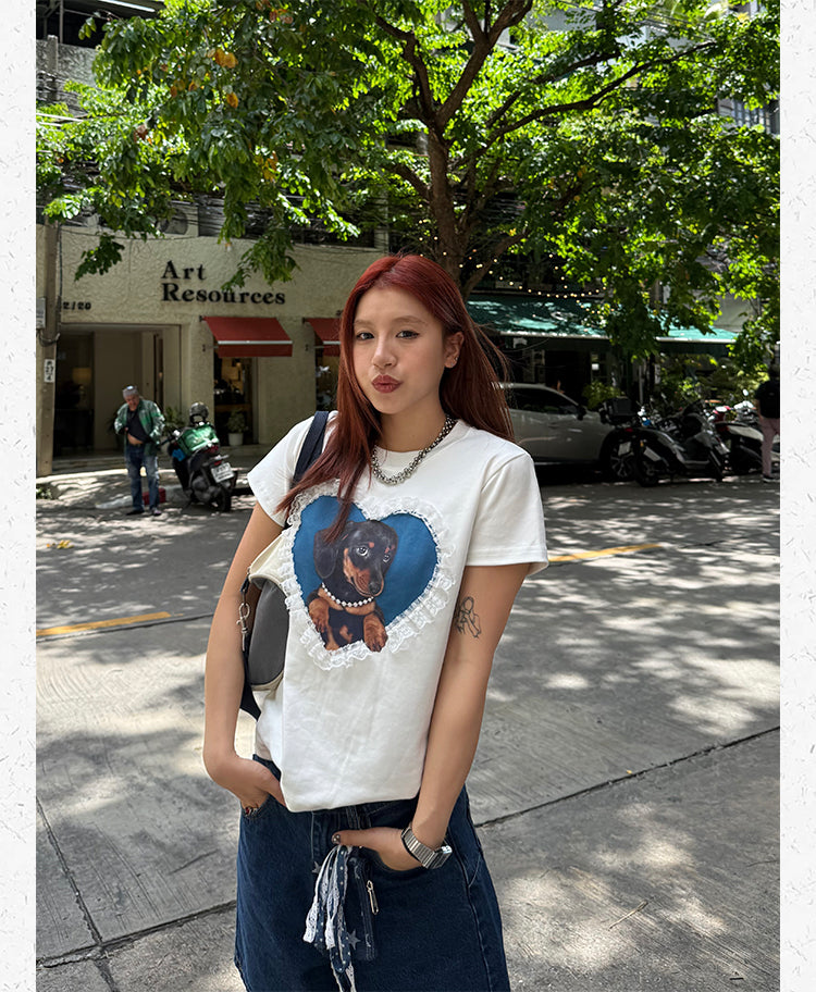 レースハート ダックスフンドTシャツ   N502