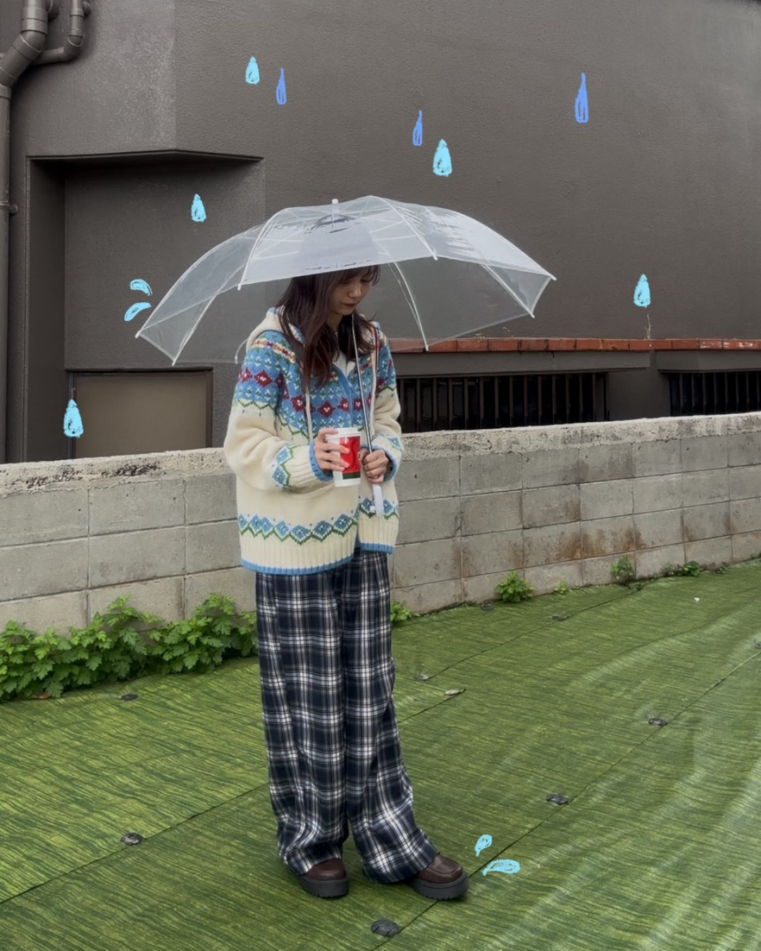 グレーブルーチェックワイドドロストストレートパンツ　KIY-002