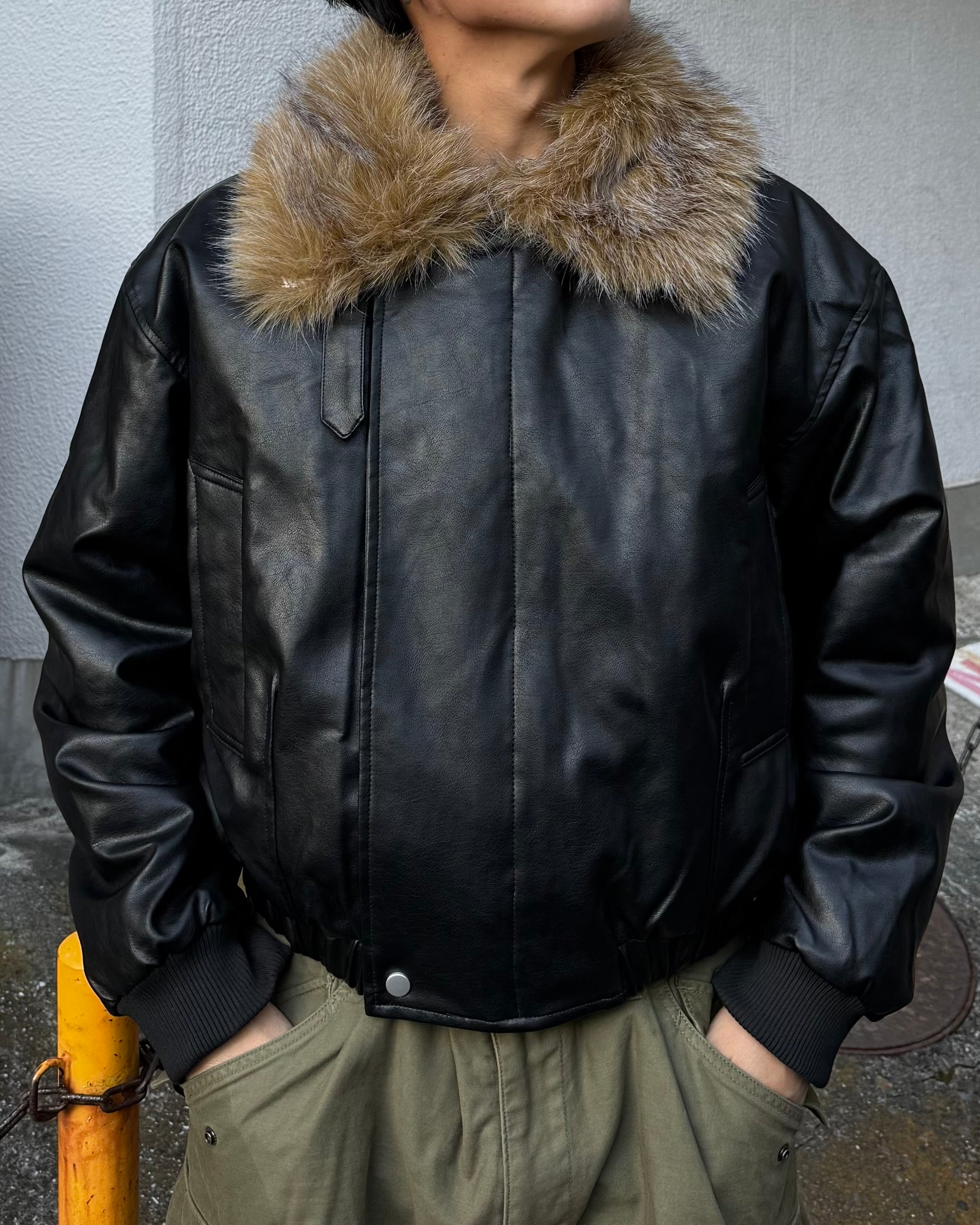 ビッグファーカラーヴィンテージPUレザージャケット　KO-005
