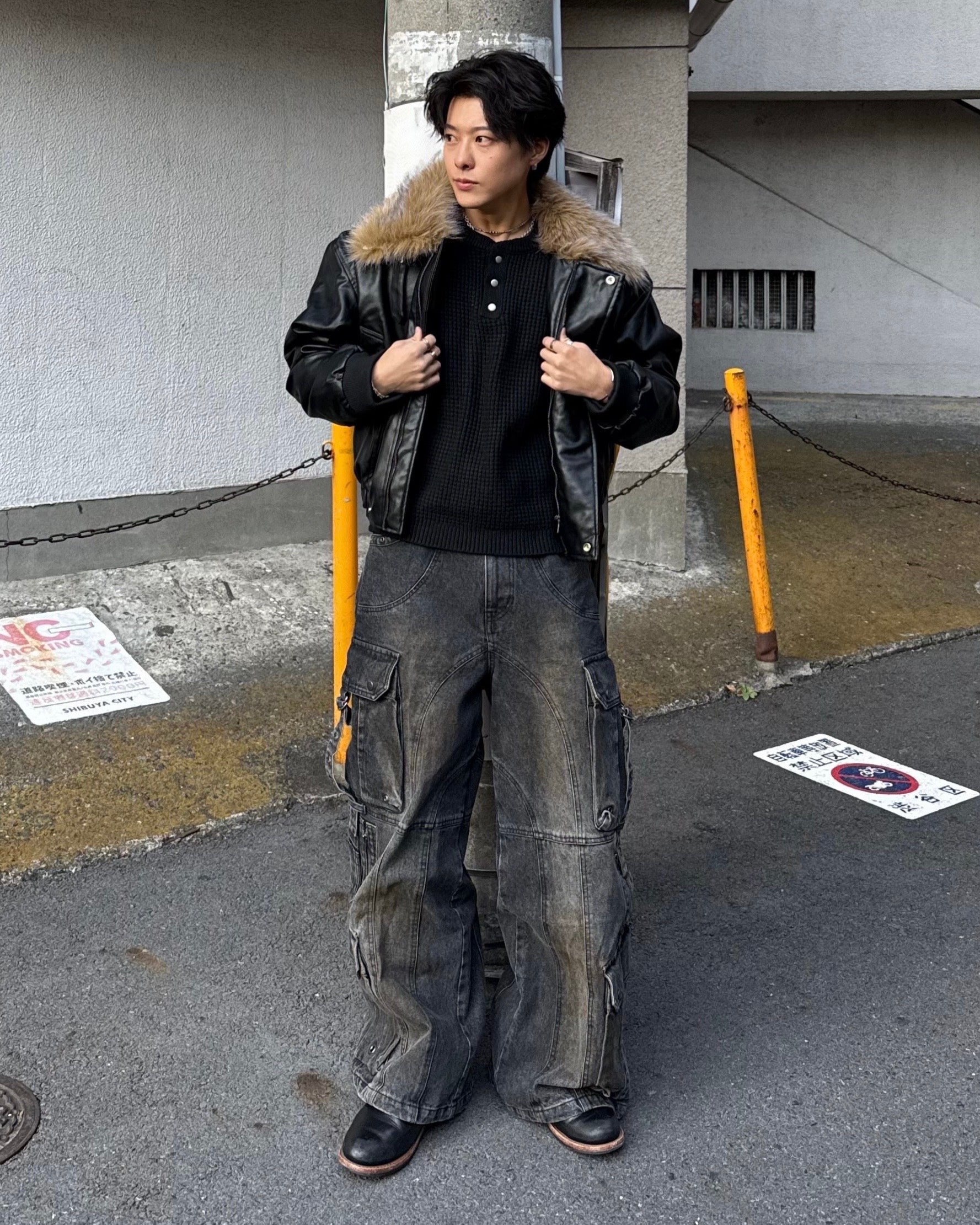 ビッグファーカラーヴィンテージPUレザージャケット　KO-005