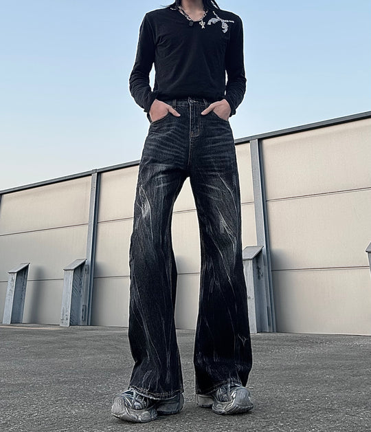 雷柄ウォッシュドブラック 微フレアデニムパンツ　BDW002