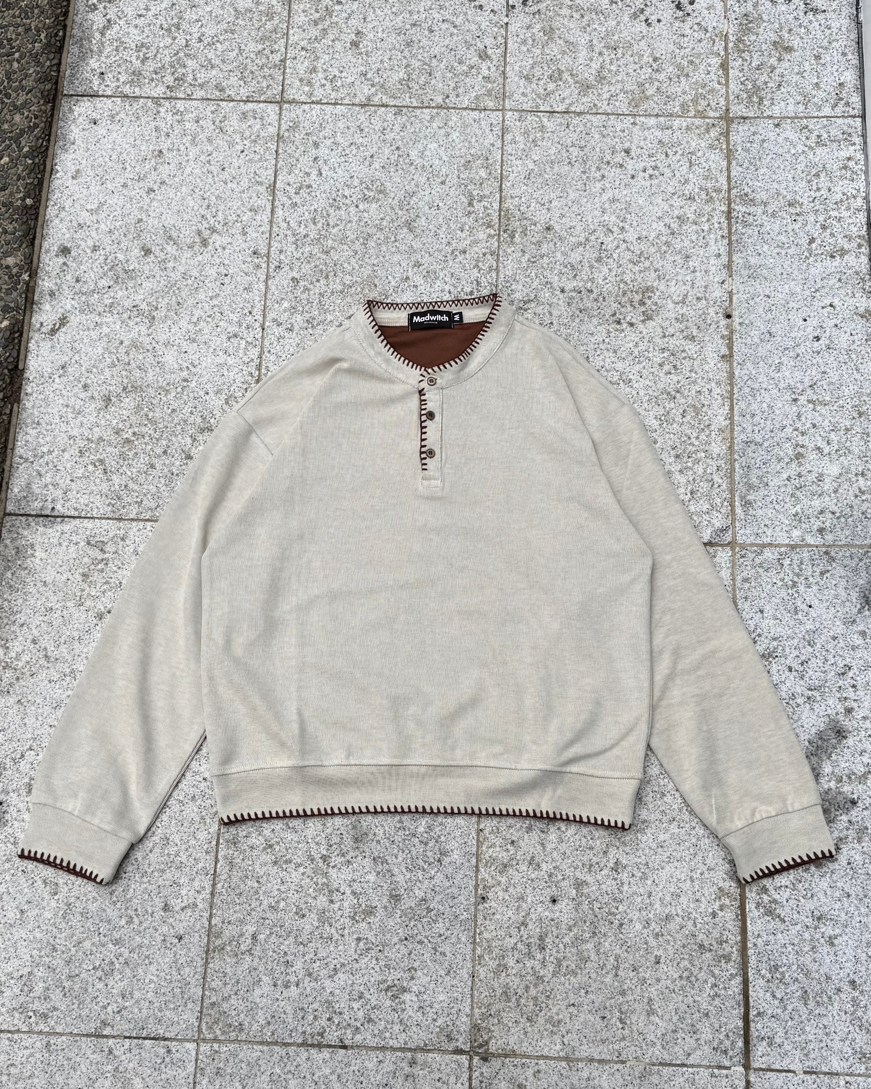 配色ステッチヘンリーネックサーマルトップス　KO-001