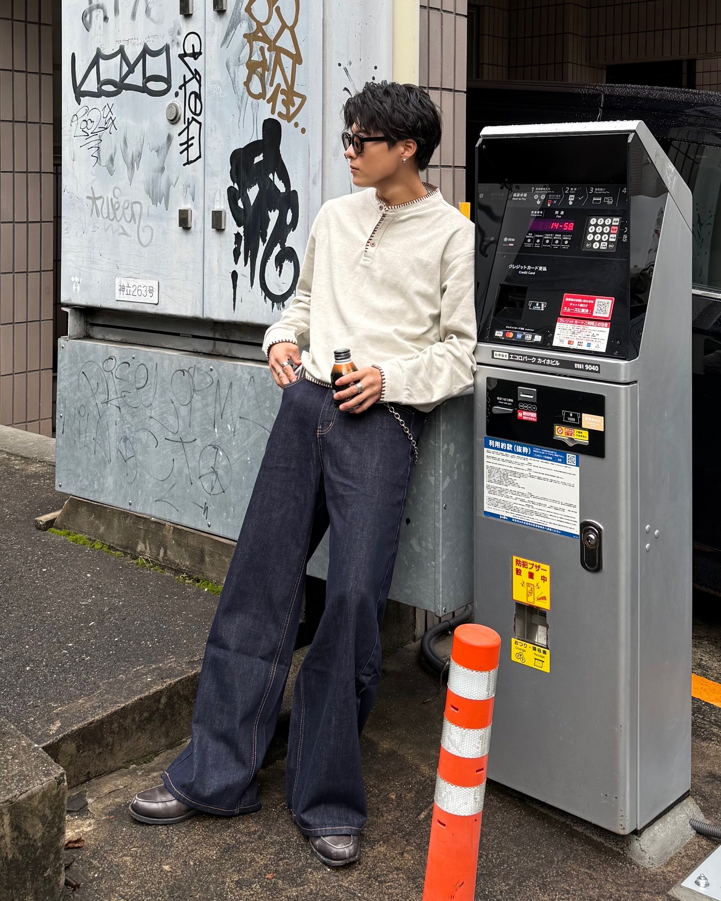 配色ステッチヘンリーネックサーマルトップス KO-001