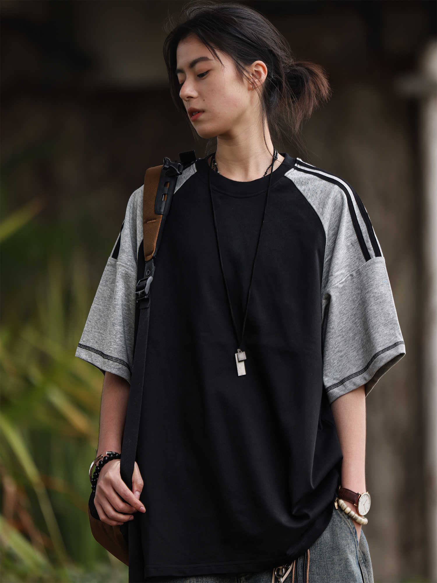 オーバーサイズ袖ラインTシャツ    N58