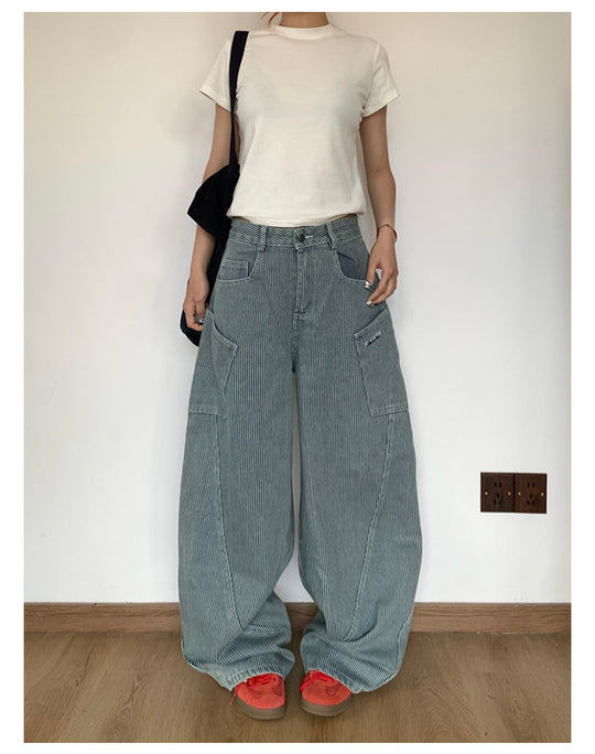 ビッグポケット付ストライプワイドデニムパンツ    N417