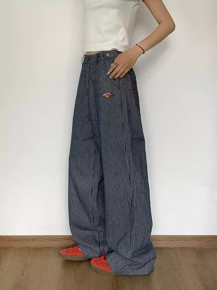 ストライプ刺繍ワイドパンツ    N414