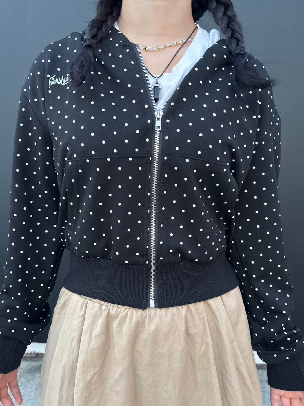 ポルカドット・クロップド丈ジップアップフーディー PC001