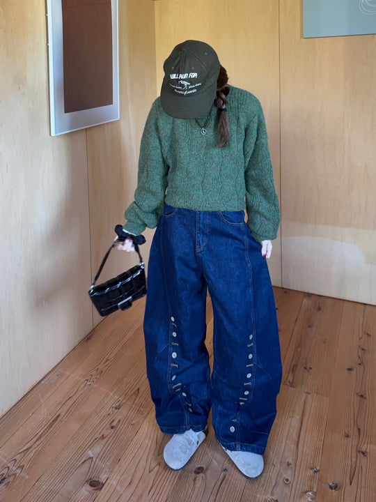 サイドボタンデザインワイドデニムパンツ SCK-032