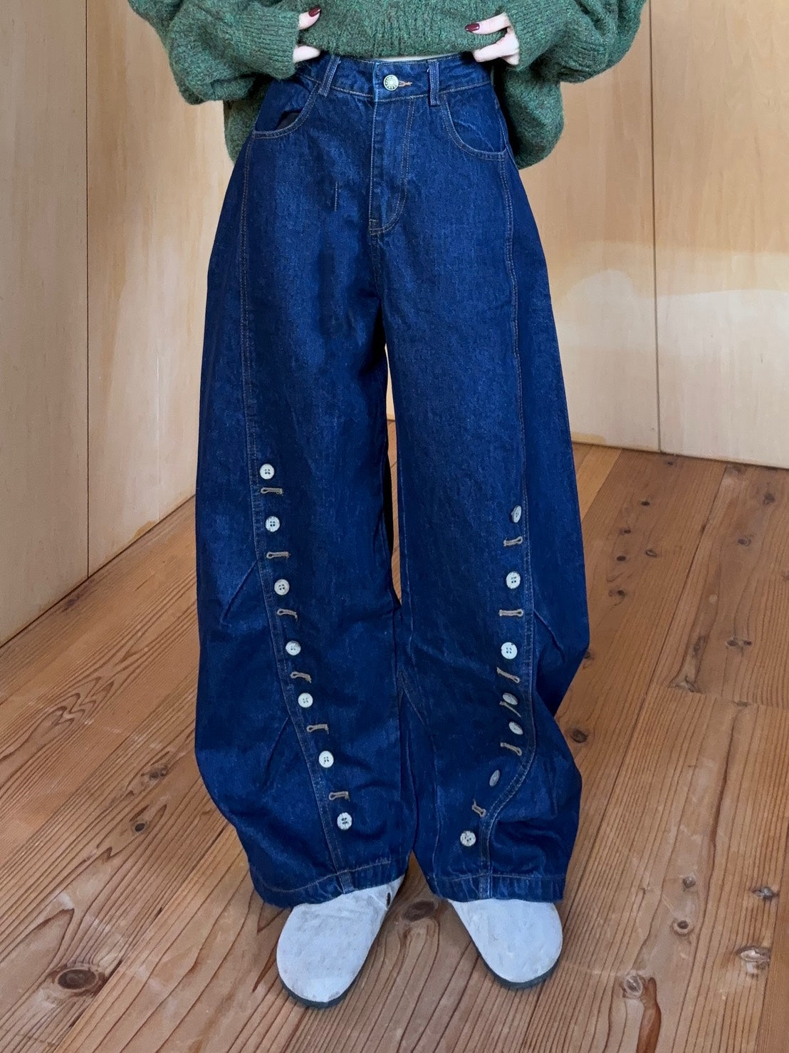 サイドボタンデザインワイドデニムパンツ SCK-032
