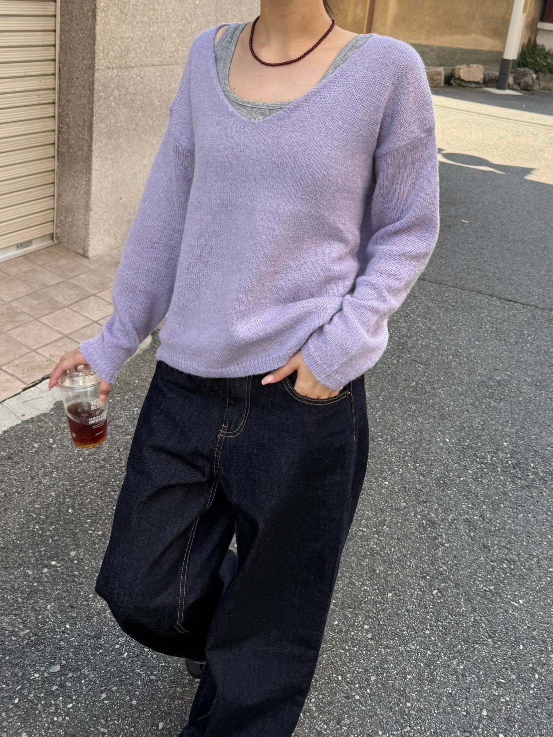 Vネックソフトマヘアタッチニットトップス TM-008