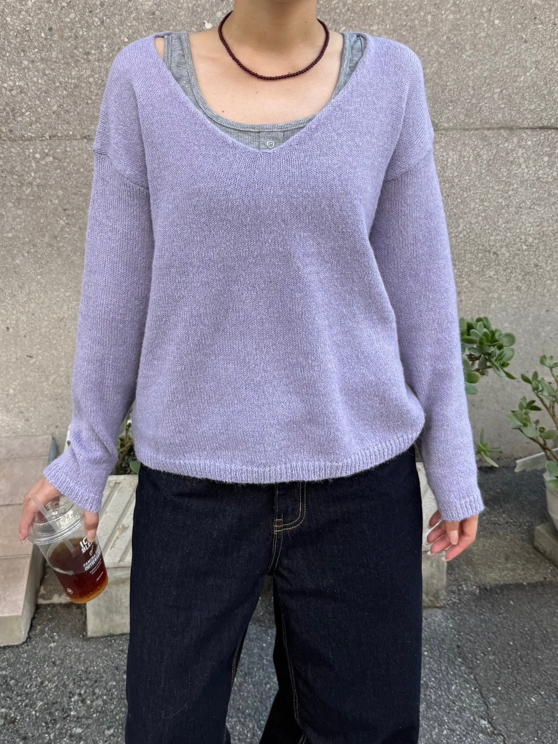 Vネックソフトマヘアタッチニットトップス TM-008