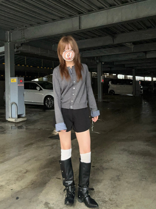 レイヤード風チェック切替ニットカーデ　LLS-014