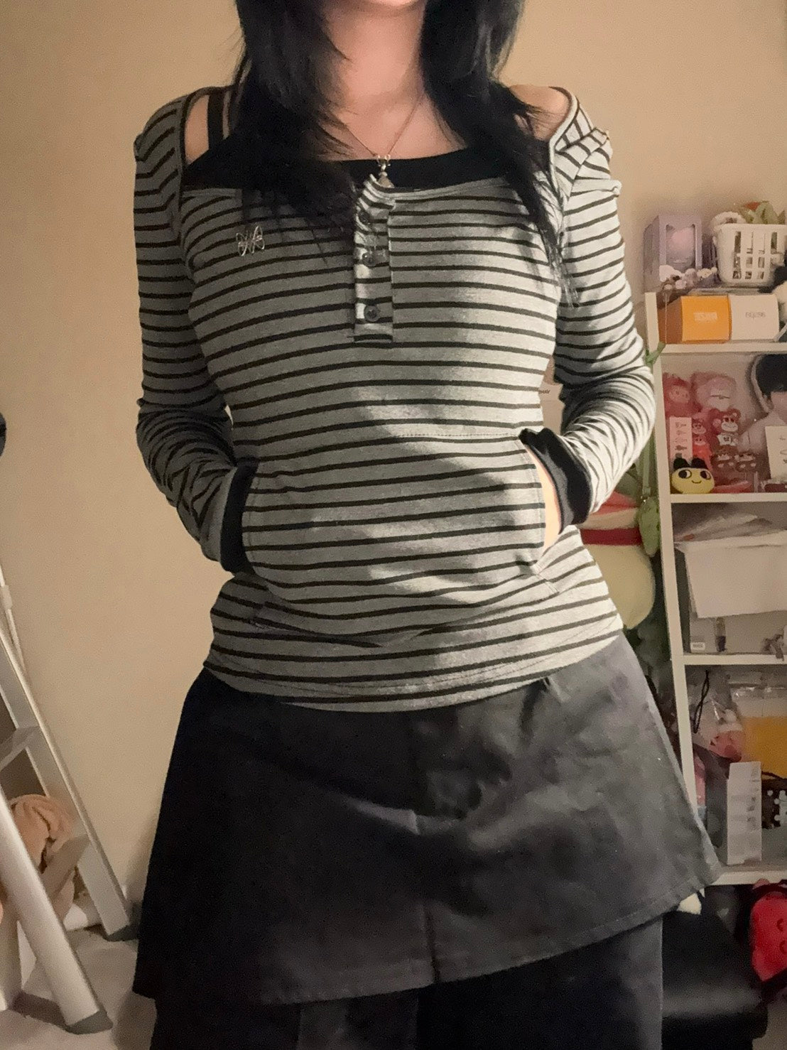 オフショルボーダーフェイクレイヤードT 　LXY-001