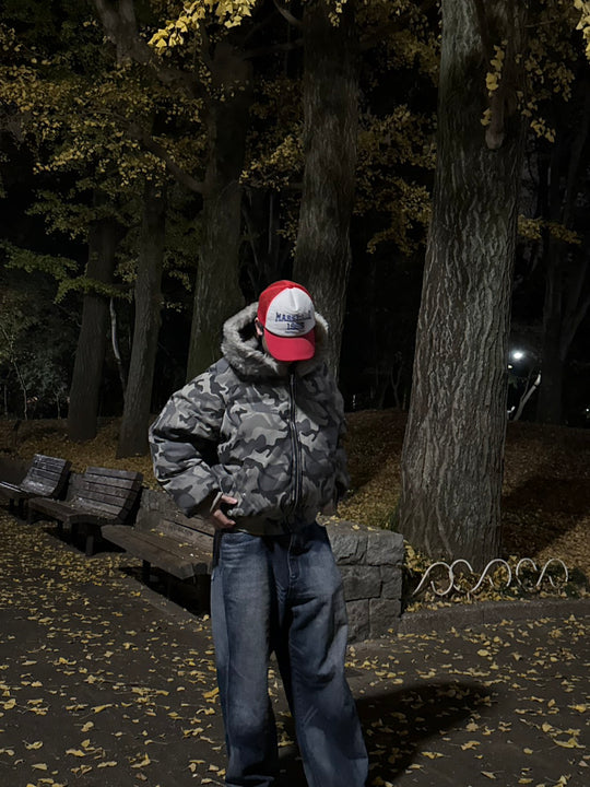 迷彩ファー付きフード中綿ショートジャケット　PP006