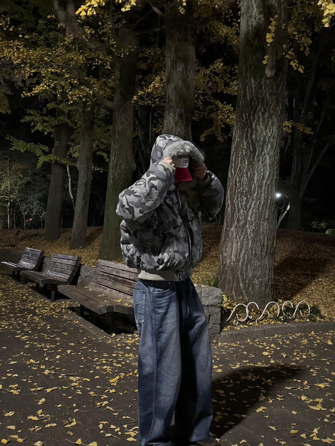 迷彩ファー付きフード中綿ショートジャケット　PP006