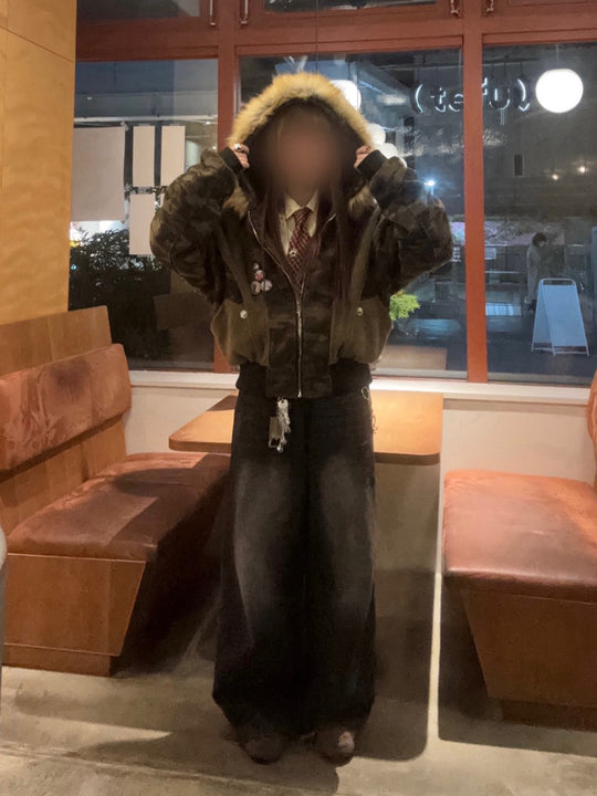 ファー付きブラウン迷彩フーディアウター EA-011