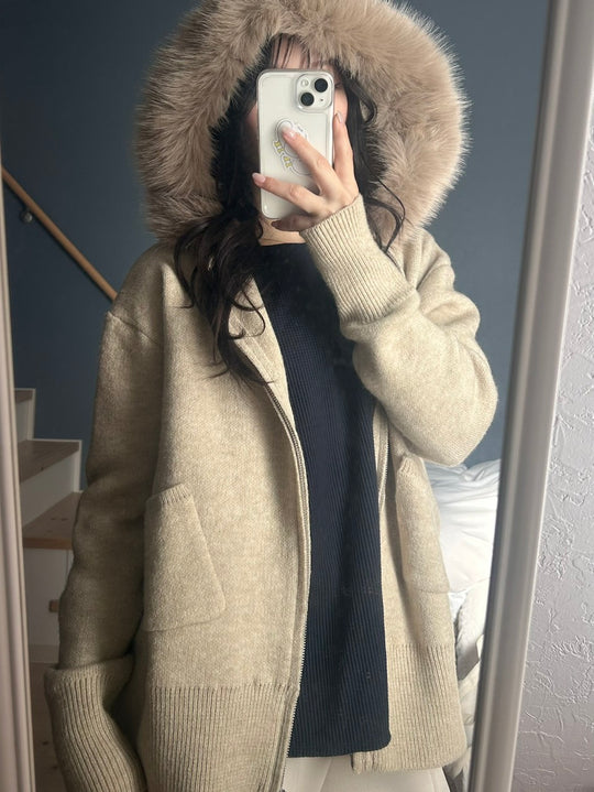 フェイクファーフード ニットジップパーカー　OT-031