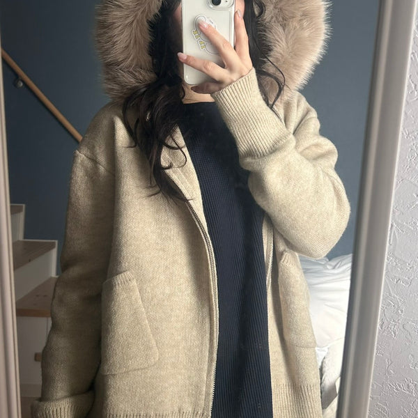 フェイクファーフード ニットジップパーカー OT-031