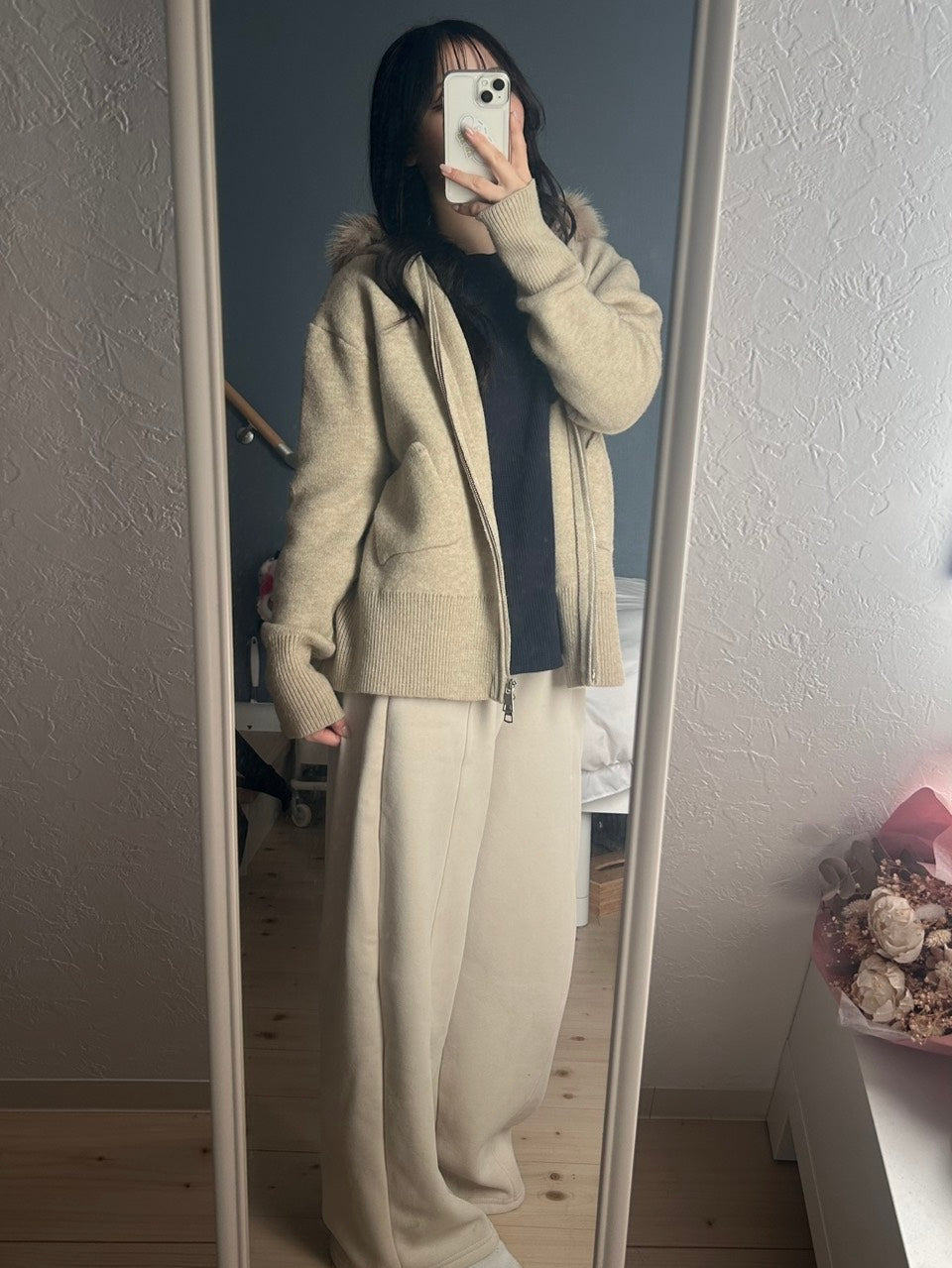 フェイクファーフード ニットジップパーカー　OT-031