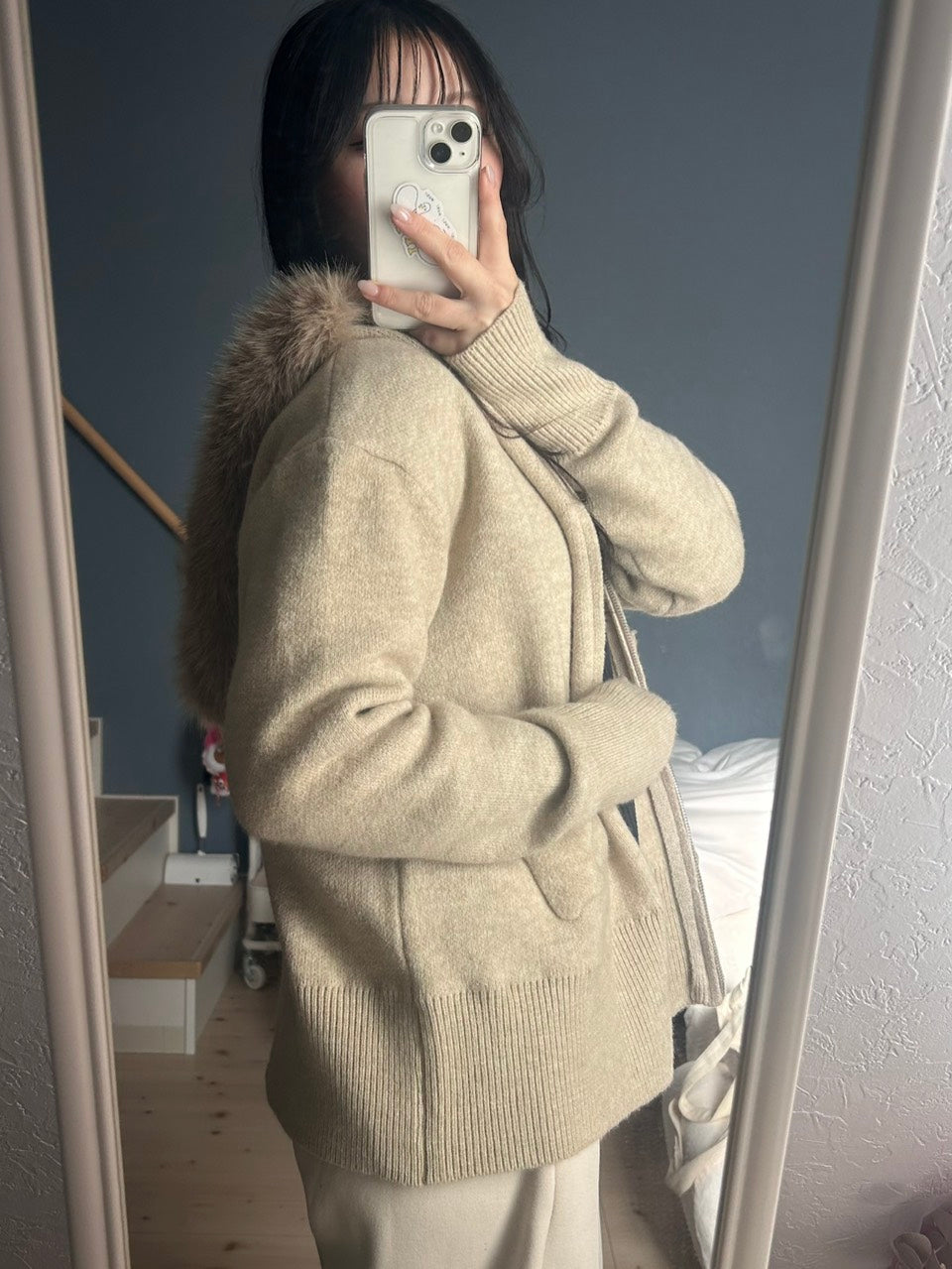 フェイクファーフード ニットジップパーカー　OT-031