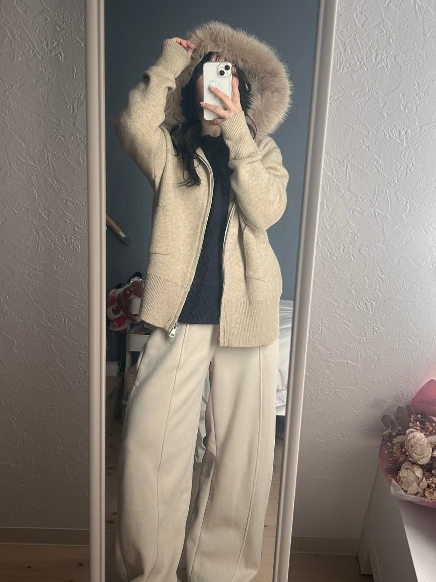 フェイクファーフード ニットジップパーカー　OT-031