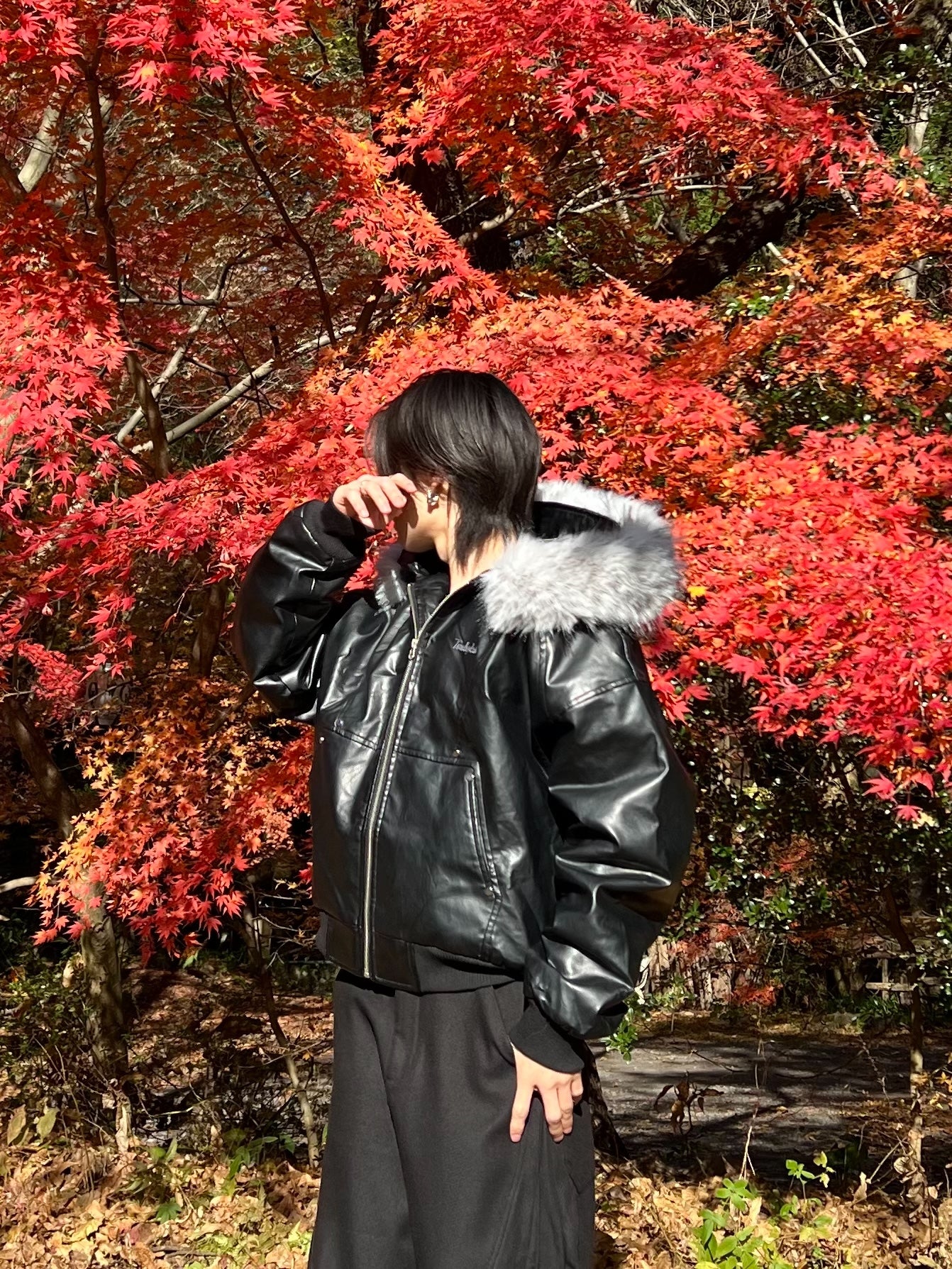 脱着ファー フーデッドPUショートブルゾン　IP-004