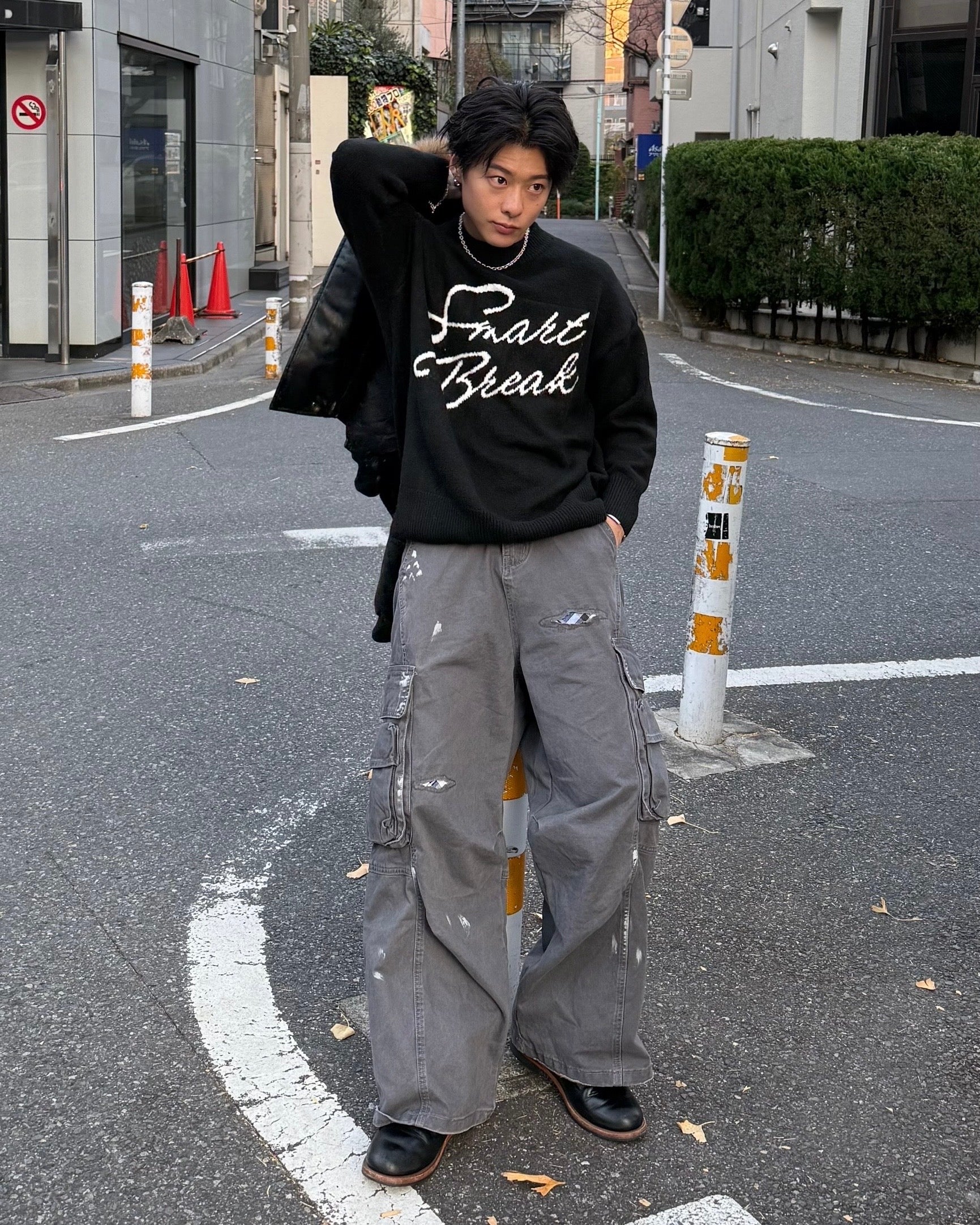 KIKWEAR ブラックカーゴパンツ スプラッシュウォッシュパッチワイドカーゴパンツ KO-006
