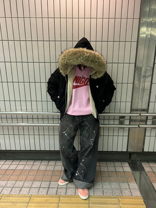 メタルボタンファーフードショートパデッドジャケット　SHY-003