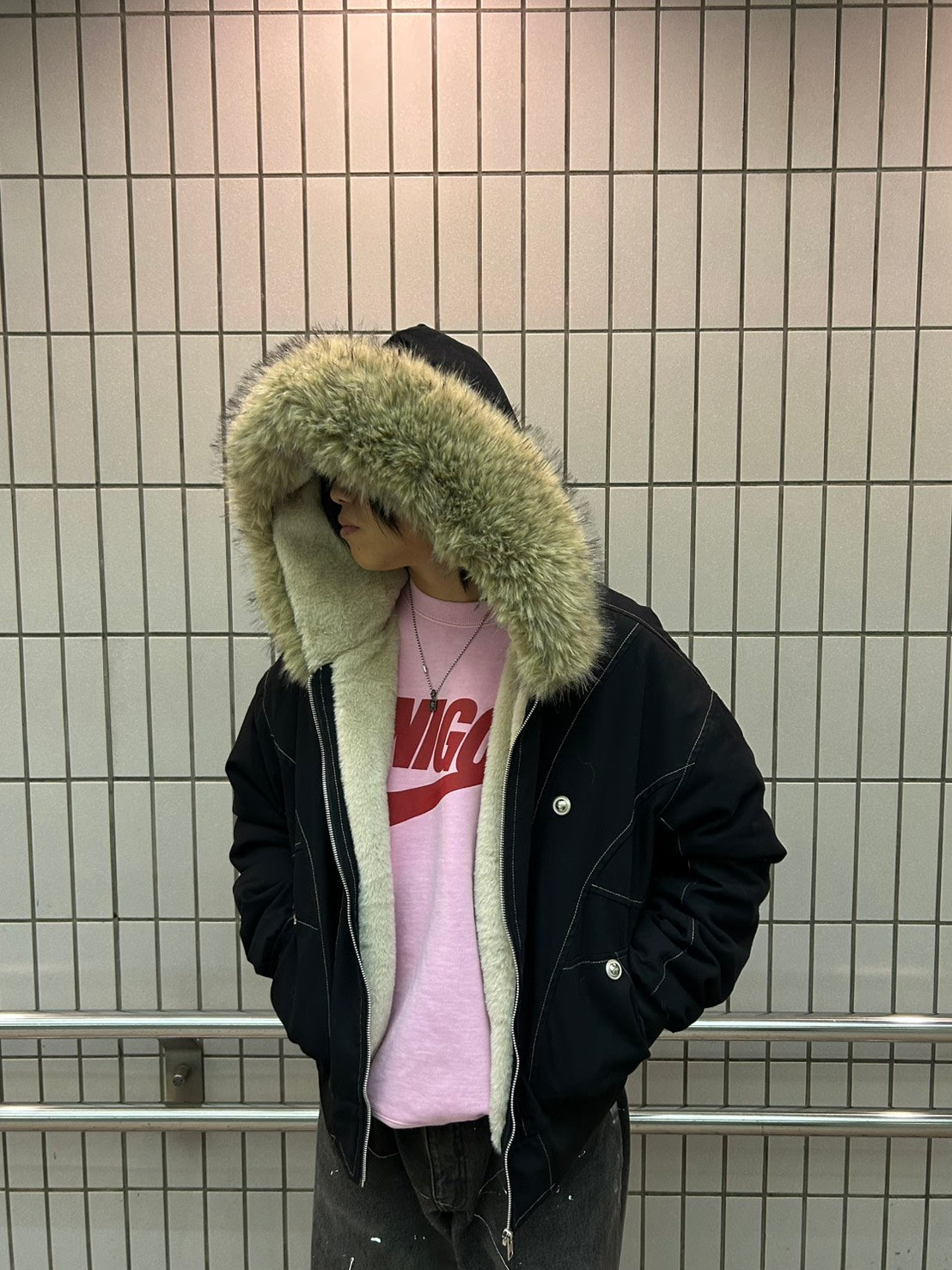 メタルボタンファーフードショートパデッドジャケット　SHY-003