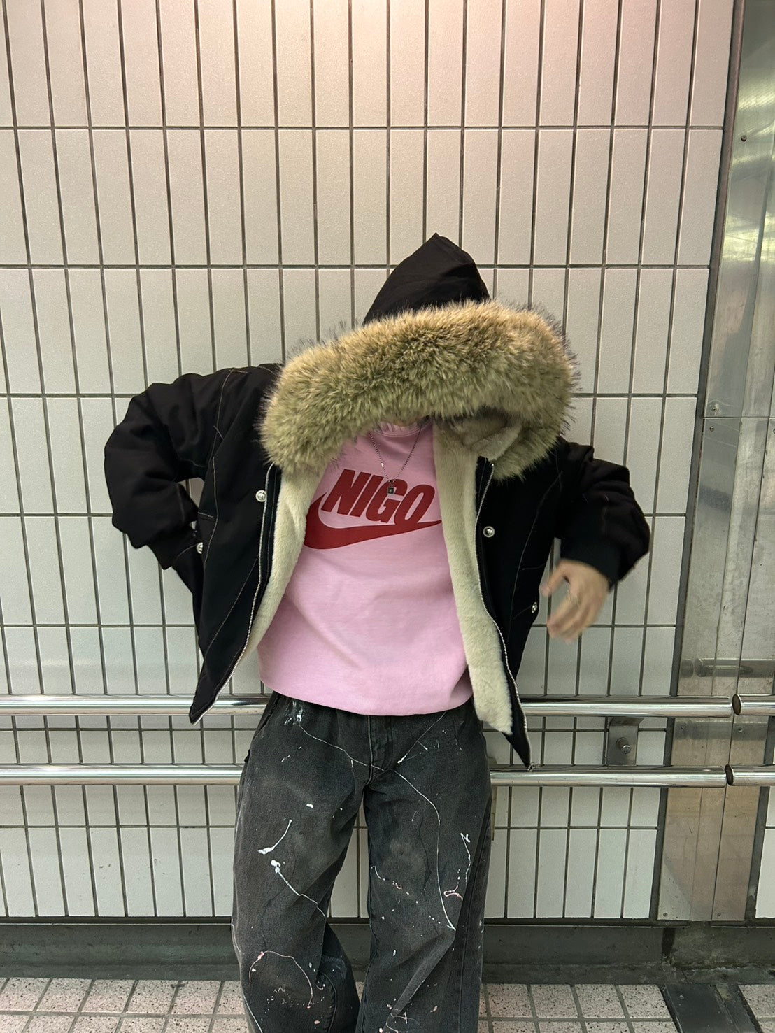 メタルボタンファーフードショートパデッドジャケット　SHY-003