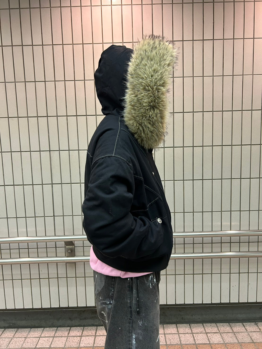 メタルボタンファーフードショートパデッドジャケット　SHY-003