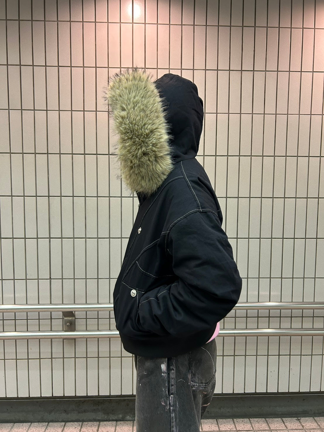 メタルボタンファーフードショートパデッドジャケット　SHY-003