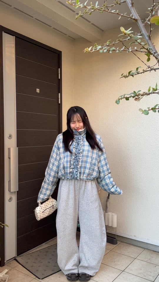 チェックフリルスタンドカラー短丈ボアジャケット PC-009