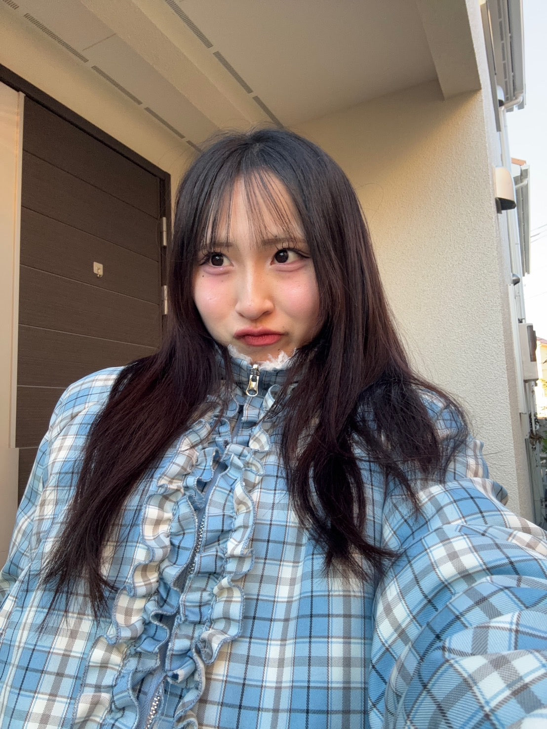 チェックフリルスタンドカラー短丈ボアジャケット PC-009