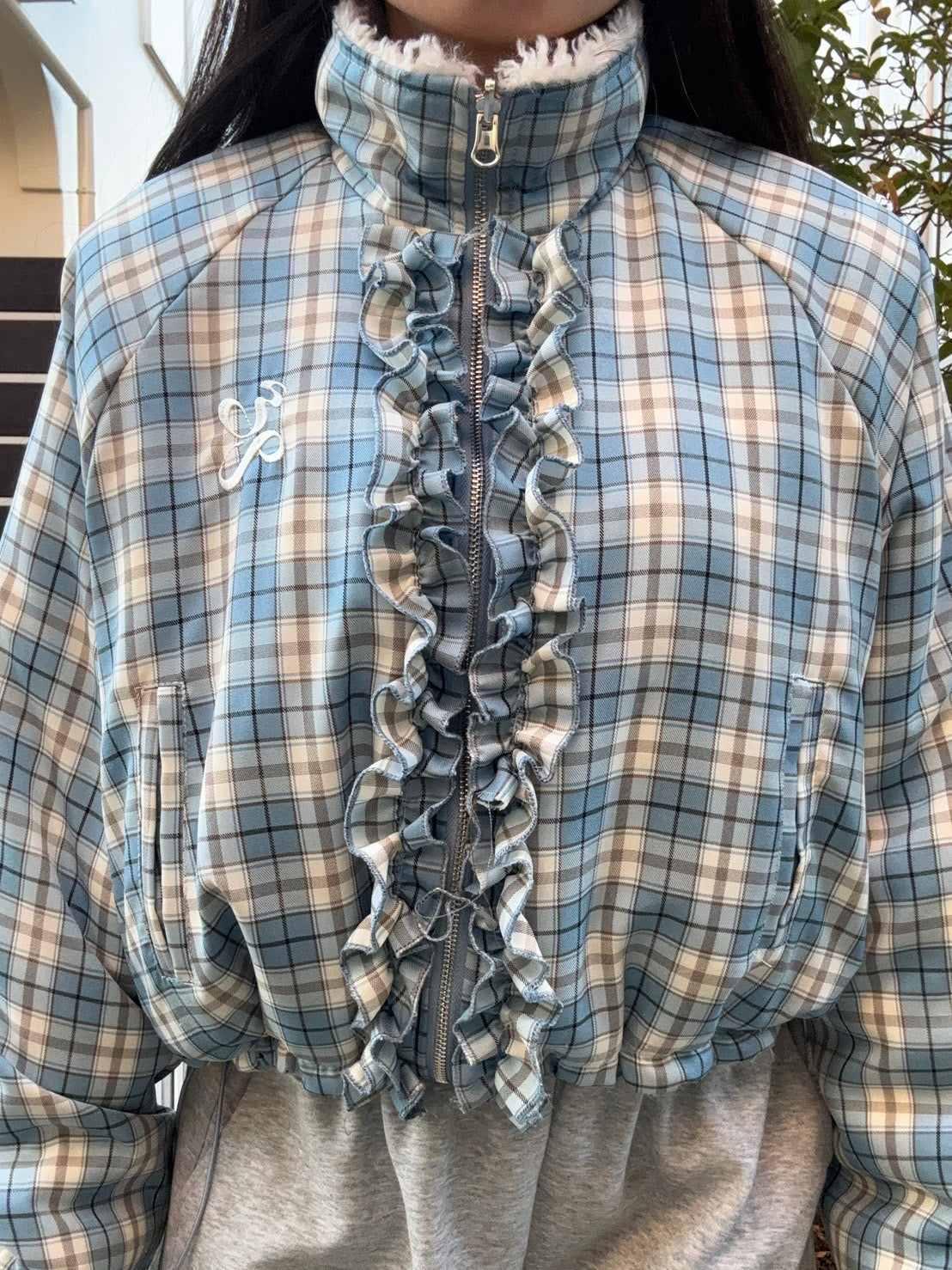 チェックフリルスタンドカラー短丈ボアジャケット PC-009