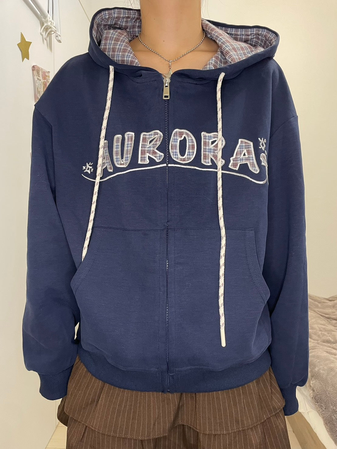 チェック切替ネイビージップフーディー　BIBI-008