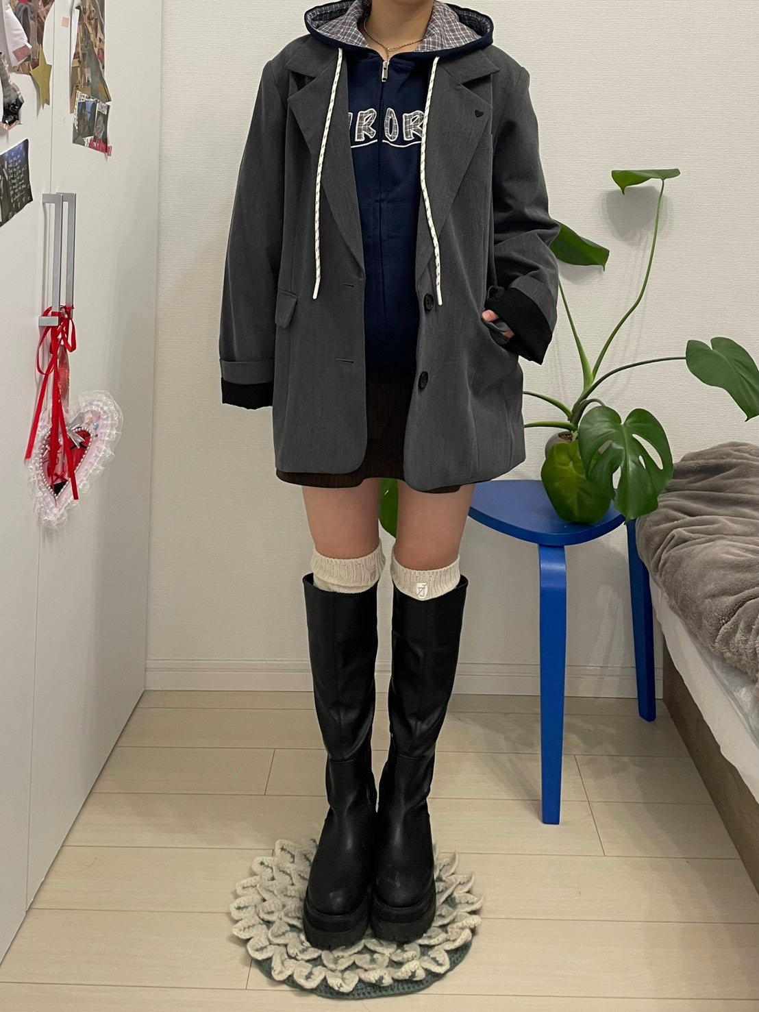 チェック切替ネイビージップフーディー　BIBI-008