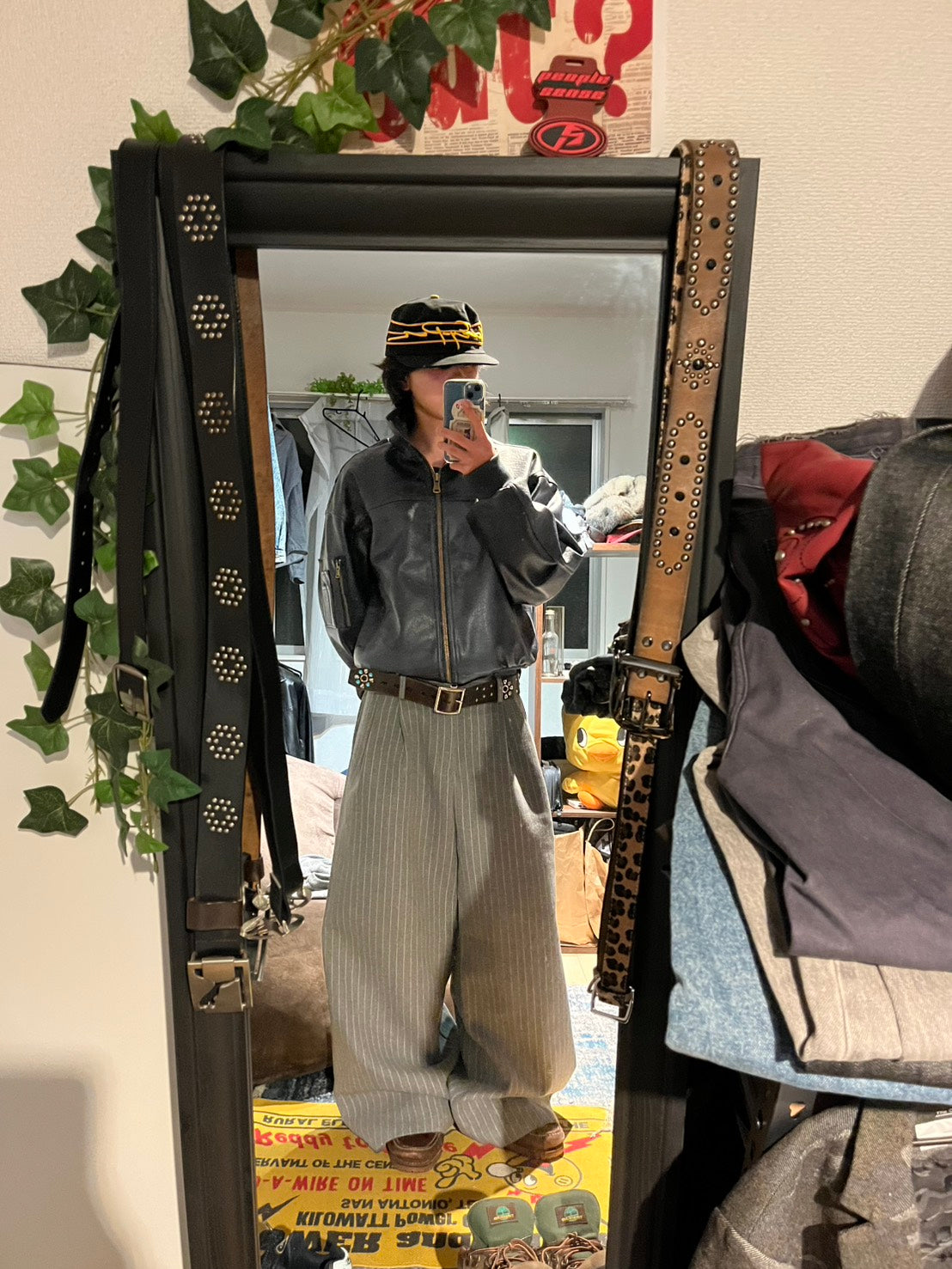 グレーストライプウールブレンドワイドスラックス　MEN-014